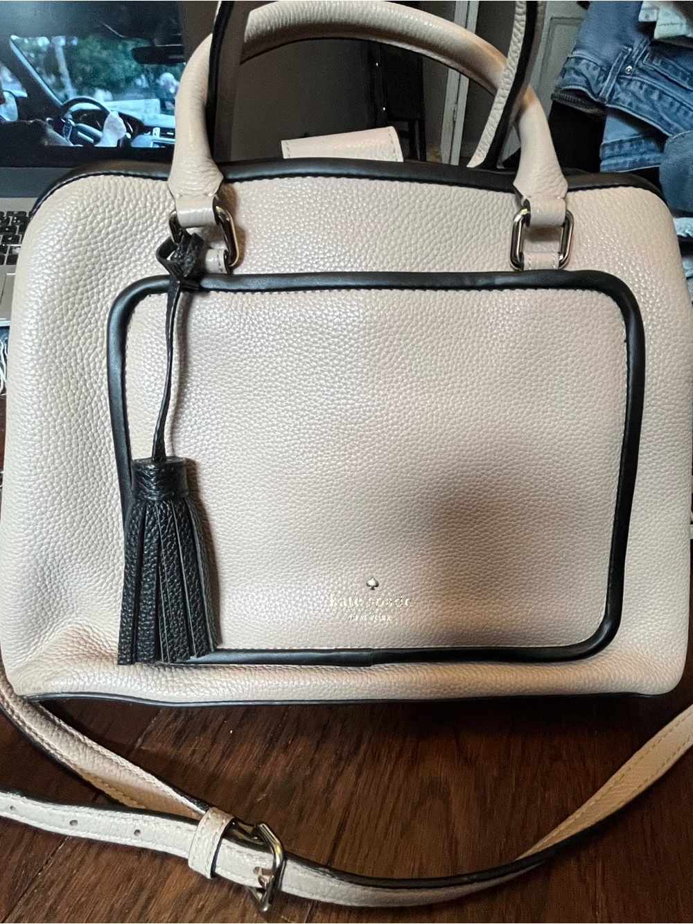 kate spade Cream Satchel with Black Trim and Tassel